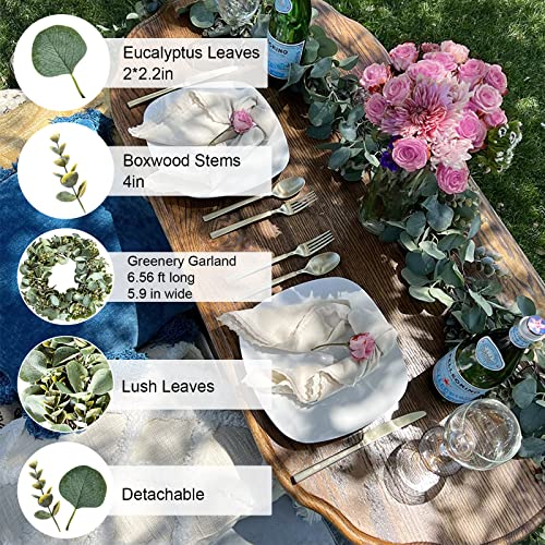 Garland 6.56 Ft Lush Silver Dollar Eucalyptus Leaves Boxwood Artificial Faux Greenery Garland Vines for Baby Shower Wedding Party Table Runner Room Home Mantle Decor