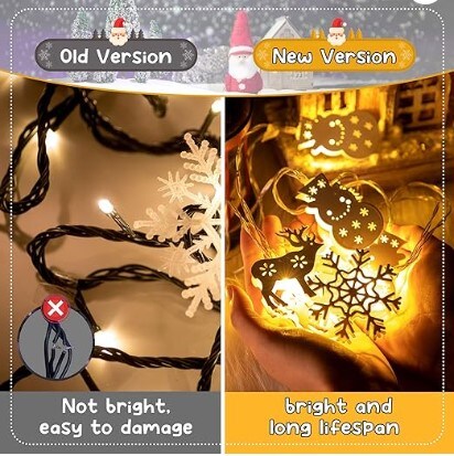 Metal Christmas String Lights 6 FT 10 LED Battery Operated Fairy Decor Hanging Lights for Christmas Xmas Tree Room Party, Warm White Christmas Snowflake Snowman Deer Pattern Light