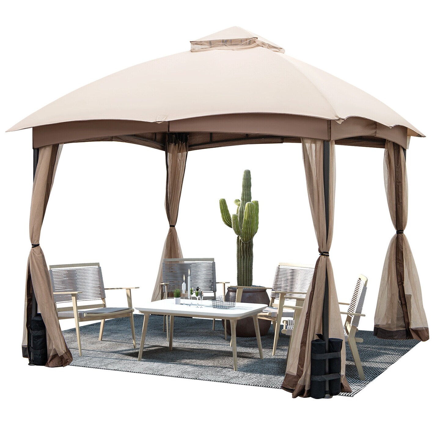 10 X 10 Feet Patio Double-Vent Gazebo with Privacy Netting and 4 Sandbags-Khaki