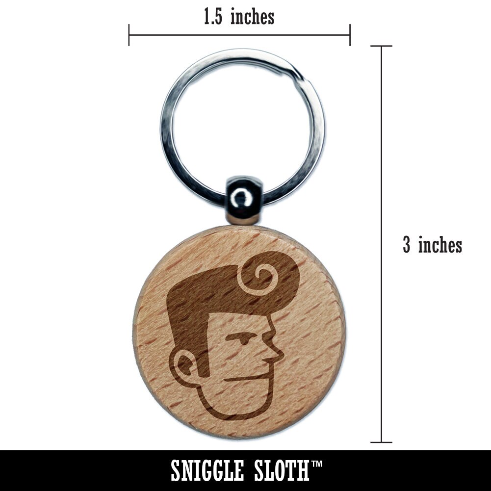 Rockabilly Man with Pompadour Engraved Wood Round Keychain Tag Charm