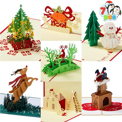 JOYIN Pack of 7 Pop-up 3D Christmas Greeting Cards Unique Designs &#x26; Envelopes 6&#x22; x 6&#x22; for Winter Christmas Season, Holiday Gift Cards, Christmas Gifts Cards.