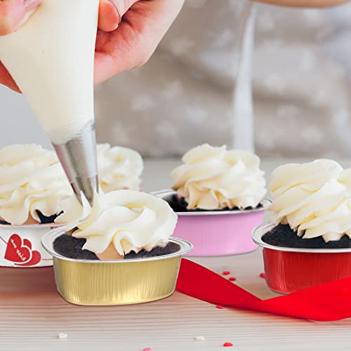 Heart Shaped Cake Pans with Lids, 3.4 Ounces/ 100 ml, Aluminum Foil Mini Disposable Heart Cupcake Pans for Valentine&#x27;s Day Wedding Parties (Gold, Red, Pink, White,60 Sets)