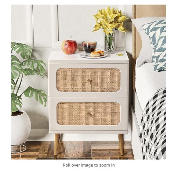 2-Drawer End Table White Finish Side Table for Small Spaces, Modern Farmhouse Wooden Bedside Table, Boho Mid-Century Coastal Storage Cabinet, Wicker Rattan Nightstand Set of 2.