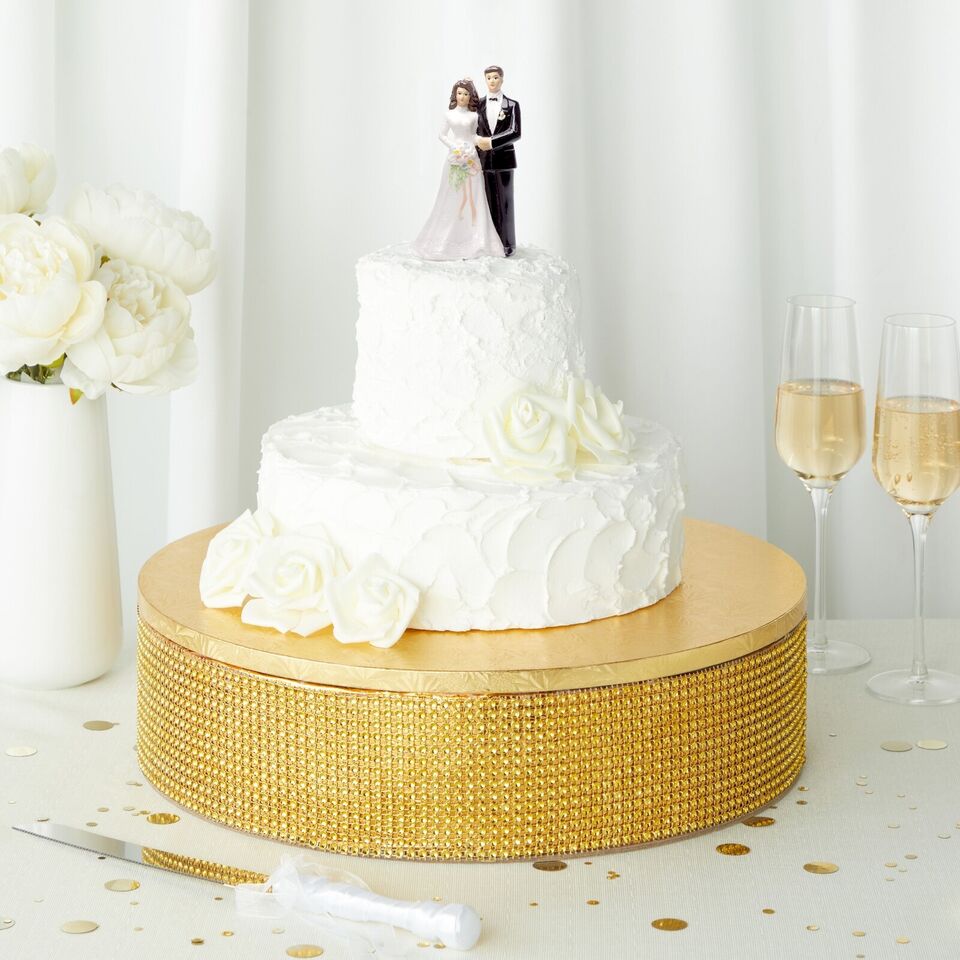 2 Piece Gold Rhinestone Cake Stand Set with 16" Cake Drum for Wedding & Birthday.