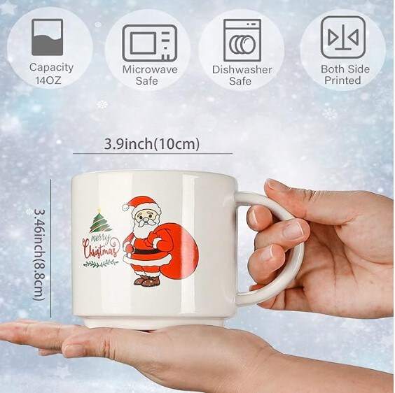 Christmas Ceramic Mug Set of 6 for Hot Chocolate Cocoa-Holiday Coffee Cup Xmas Basket Gifts for Family Friends
