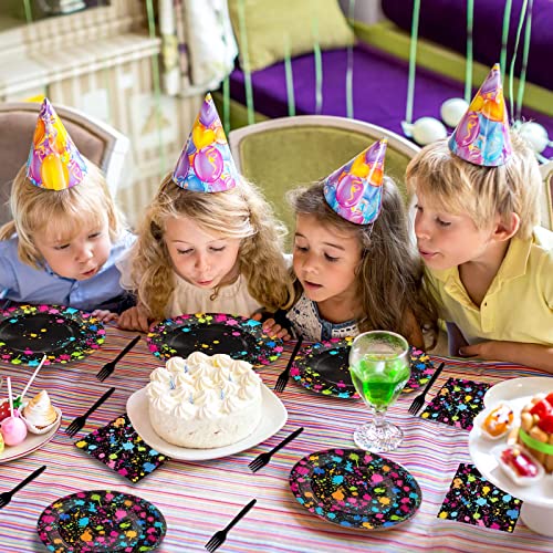 96 Pieces Party Supplies for 24 Guests Glow Party Plates Napkins Tableware Neon Glow Birthday Colorful Graffiti Party Decoration Favor,