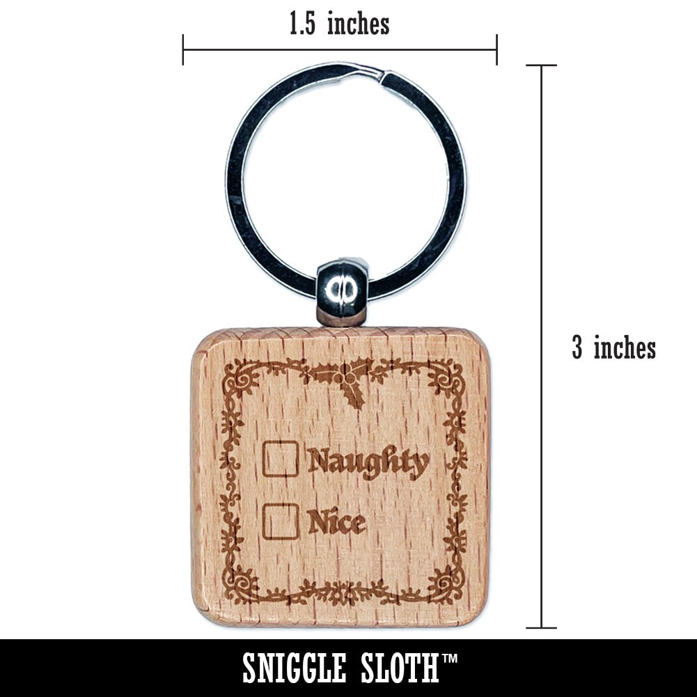 Naughty and Nice Christmas Holiday Checklist Engraved Wood Square Keychain Tag Charm