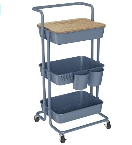 3 Tier Rolling Utility Cart with Covered Top Board, Movable Kitchen Storage Cart Trolley with Lockable Wheels, Cups, Hooks for Kitchen Bathroom Home Office Art Craft Storage and Organization (Blue).