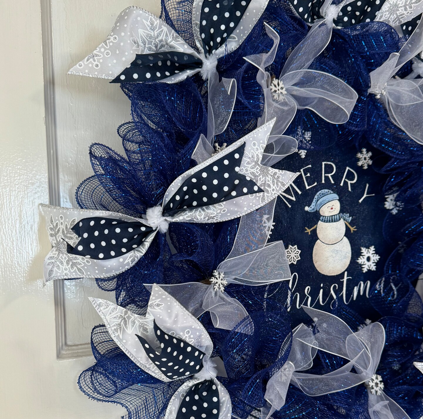 Christmas Ribbon, Mesh Wreath, Blue And White, Snowflakes, Handmade, Hand Painted Merry Christmas Sign With Snowman, Farmhouse Christmas product 3