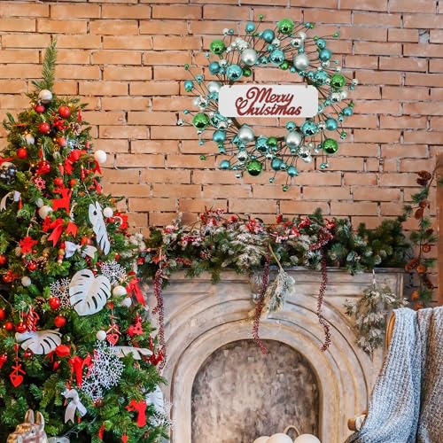 20 inches Christmas Winter Wreath for Front Door, Artificial Door Wreath with Welcome Sign and Ornaments, Xmas Wreath for Window Wall Fireplace Farmhouse Holiday Party Decoration
