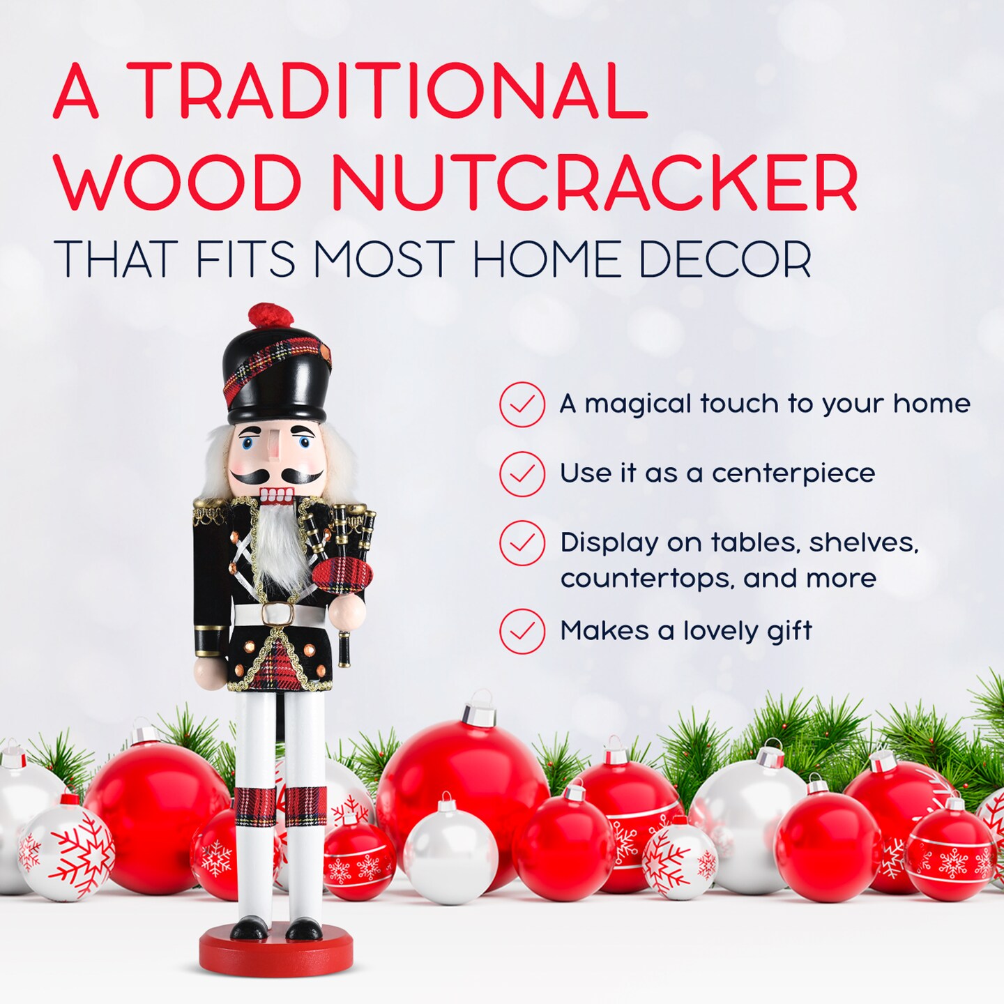 Ornativity Christmas Bagpipe Soldier Nutcracker &#x2013; Red and Black Wooden Nutcracker Soldier with Bagpipe Xmas Themed Holiday Nut Cracker Doll Figure Decorations