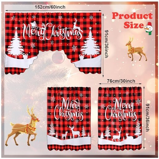 3 Pcs Christmas Kitchen Window Tier Curtains