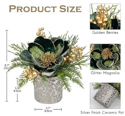 9" Glitter Magnolia Flower Golden Berries Fir Greenery Artificial Christmas Floral Centrepiece in Silver Ceramic Pot TableTop Christmas Table Arrangement Decor