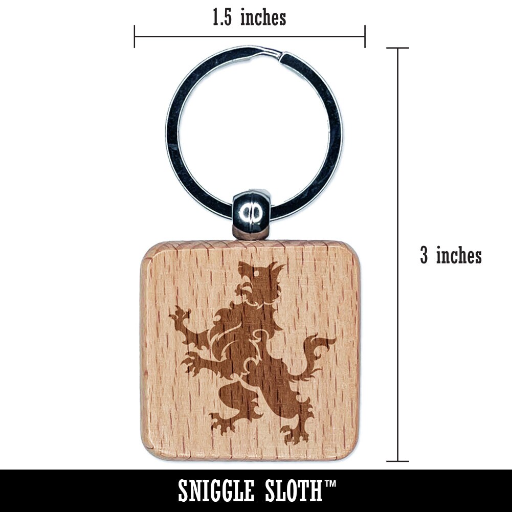 Heraldic Wolf Engraved Wood Square Keychain Tag Charm