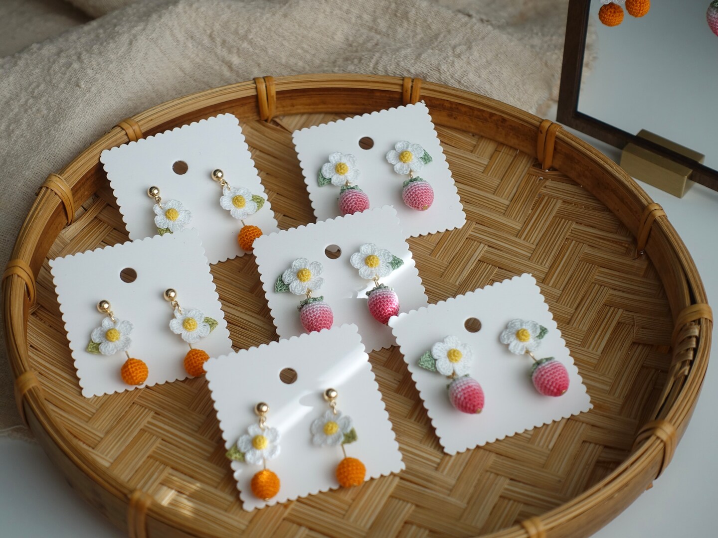 Micro Crochet Earrings, Strawberry Or Orange with flower and