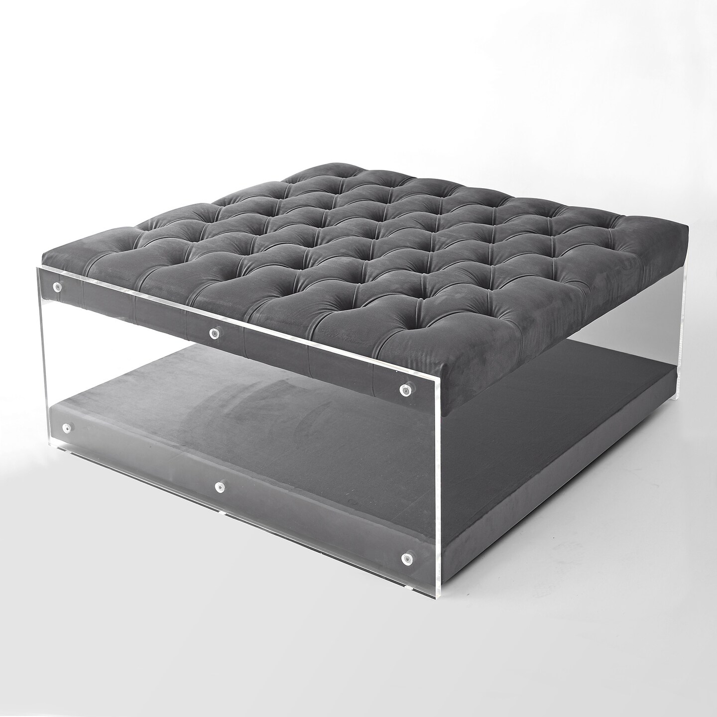 Fleur Linen/Velvet Button Tufted Clear Acrylic Side Cocktail Table Ottoman