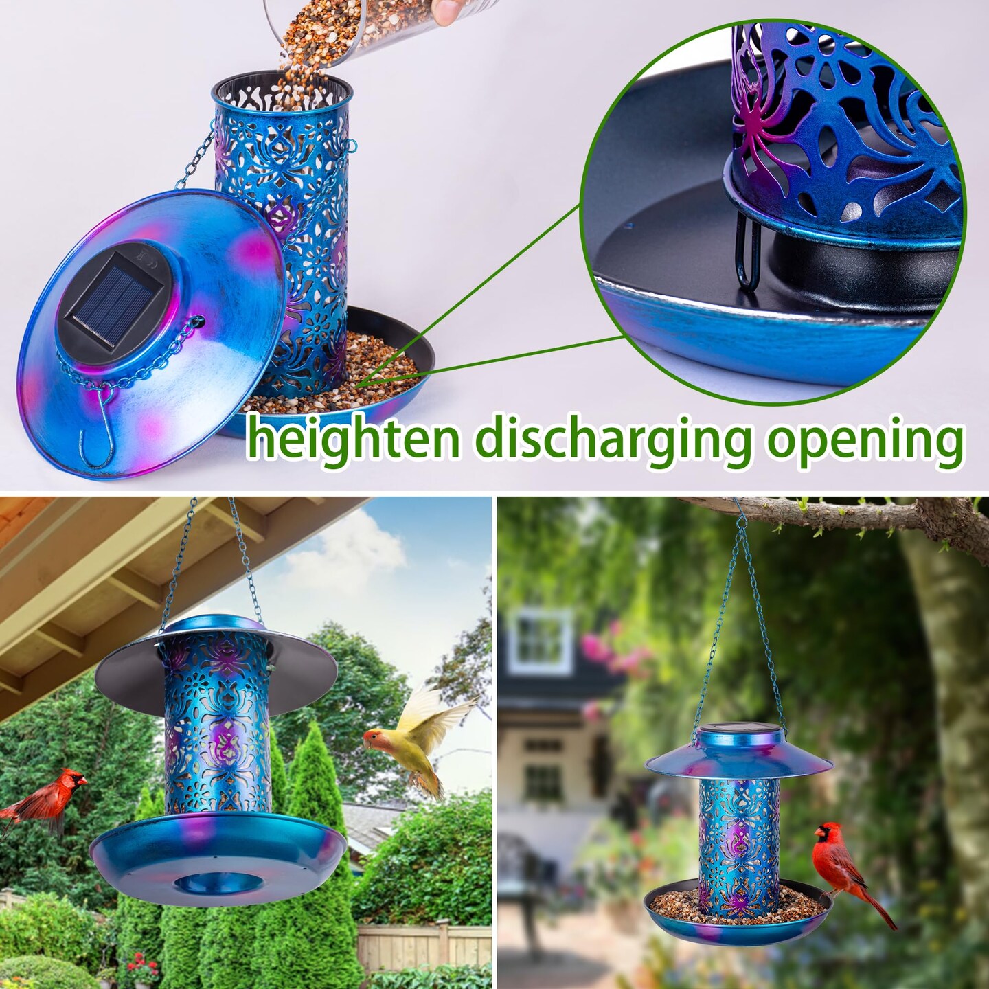 Solar Bird Feeder for Outdoors Hanging, Metal Wild Cardinals Garden Lantern with S Hook, Weatherproof and Water Resistant Birdfeeders as Gift Idea for Bird Lovers (Blue)