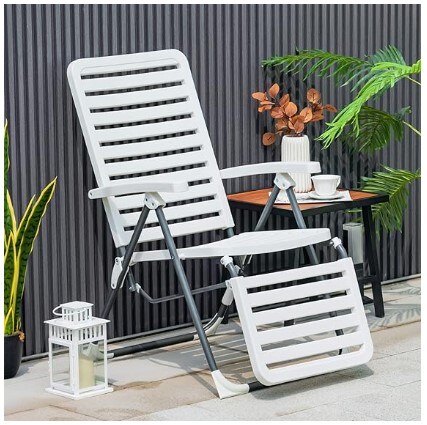 Patio Chaise Lounge Chair, Outdoor Folding Chaise Lounge with 7-Position Backrest and Adjustable Footrest, Plastic Pool Lounge Chairs for Backyard Deck Beach Lawn