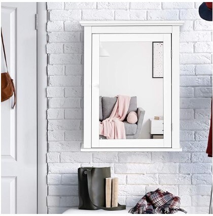 Bathroom Cabinet with Mirror, Mirrored Wall-Mounted Storage Medicine Cabinet w/Single Door &#x26; Adjustable Shelf in 5 Positions, Multipurpose Wall Cabinet for Bathroom (White)