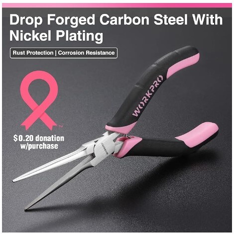 Needle Nose, Long Nose, Bent Nose, Diagonal, End Cutting, and Linesman Pliers, 6-Piece Mini Pliers Set, with Pouch - Pink Ribbon