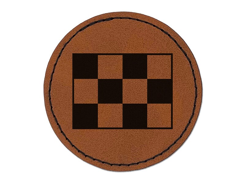 Checkered Flag Round Iron-On Engraved Faux Leather Patch Applique - 2.5&#x22;