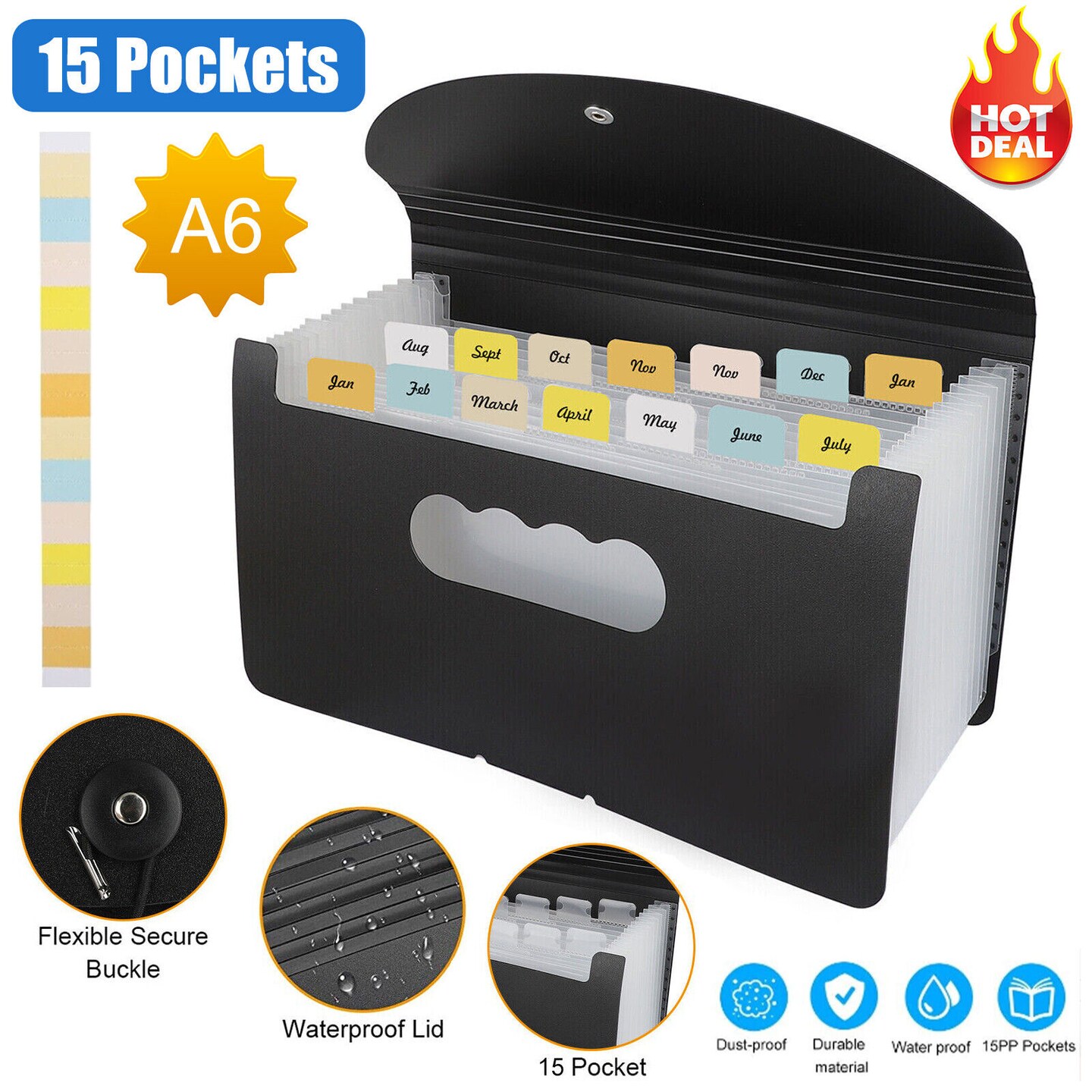 Waterproof 15 Pockets Expanding File Folder Organizer.