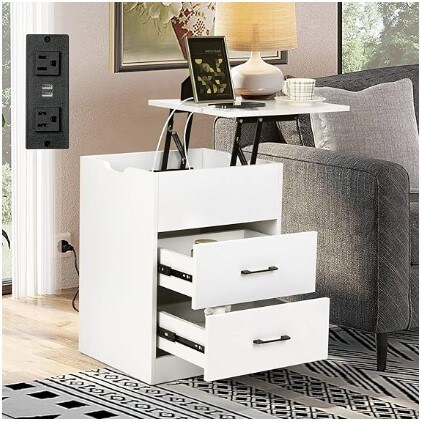 Lift Top Bedside Table/Modern End Table with 2 Drawers for Bedroom Living Room, White
