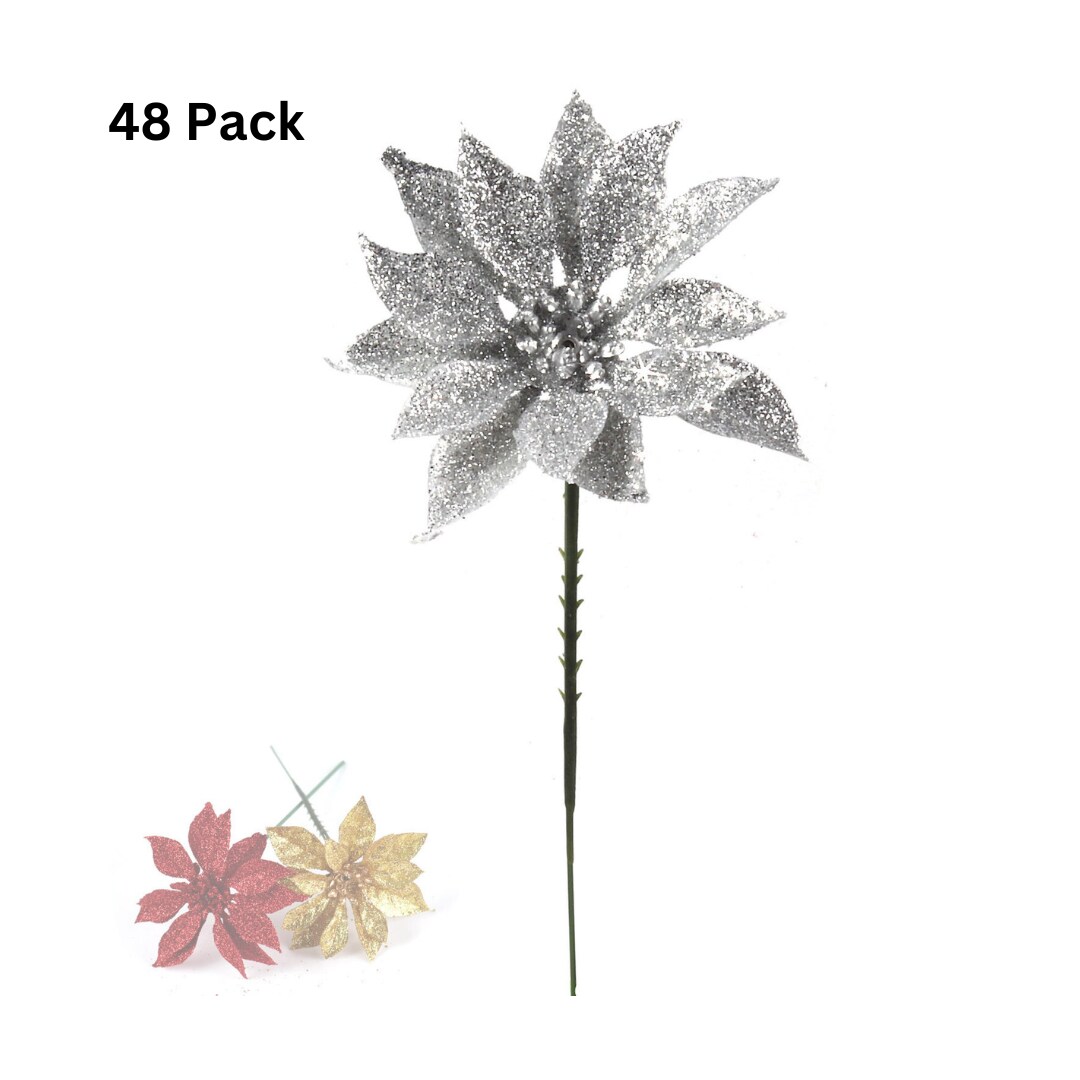 48 Sparkling Silver Glitter Poinsettia Picks - 5-Inch - Festive Holiday Decor