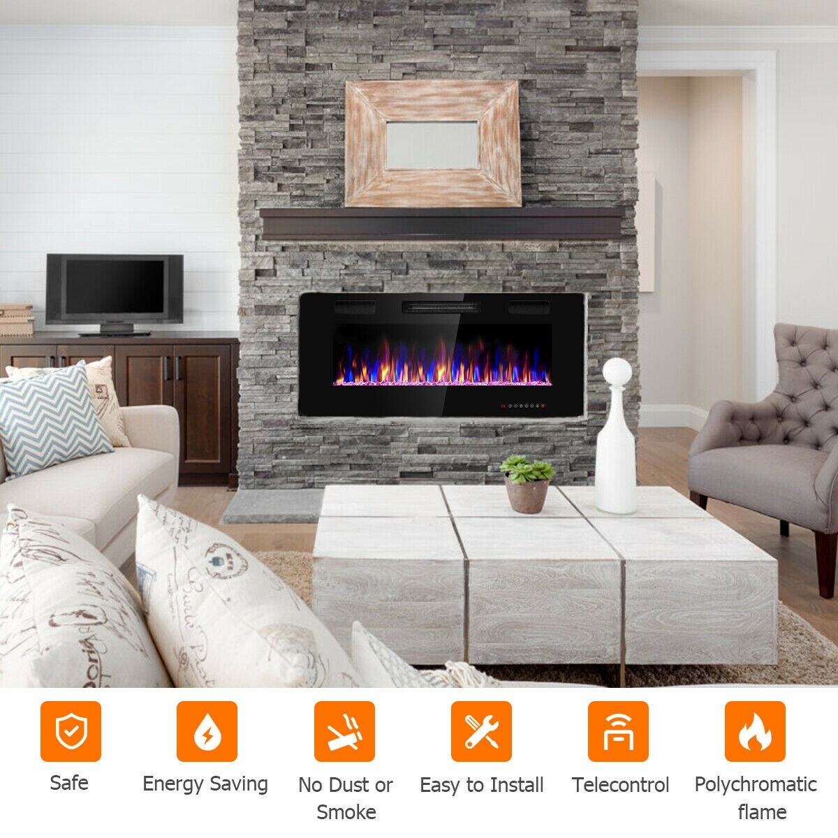Recessed Ultra Thin Electric Fireplace Heater with Glass Appearance
