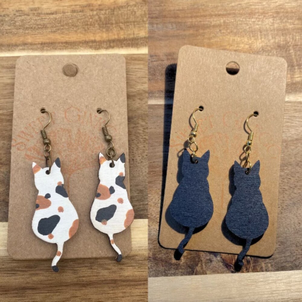 Wooden Cat Earrings Black Cats and Calico Cats Kitty Jewelry