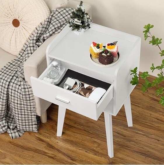 White Nightstand, Modern Bedside Table with Drawer, Small Space End Table, Side Table with Storage, Nightstand for Bedroom/Living Room/Dorm 26.38&#x27;&#x27;H