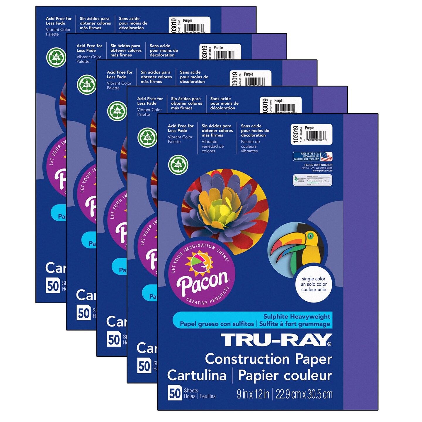 Construction Paper, Purple, 9&#x22; x 12&#x22;, 50 Sheets Per Pack, 5 Packs