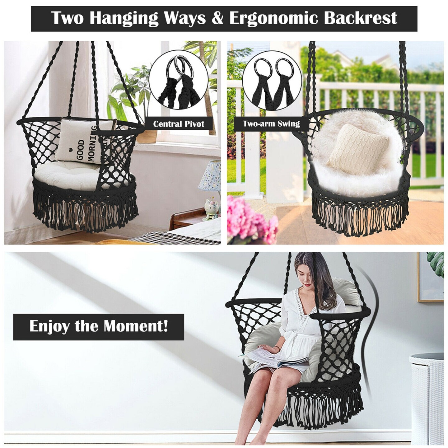 Hanging Hammock Chair Macrame Swing Hand Woven Cotton Backrest