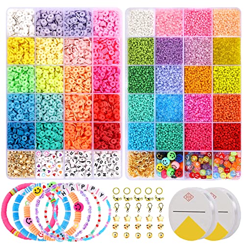 Funtopia 24500+ Pcs Beads for Jewelry Making Kit, Colorful Flat Round Polymer Clay Beads Glass Seed Beads for Bracelet Making Kit, Necklace Ring Heishi Beads DIY Craft Gift for Kids Girls