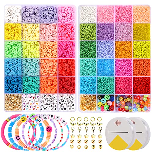 24500+ Pieces Beads for Jewelry Making Kit, Colorful Flat Round Polymer Clay Beads Glass Seed Beads for Bracelet Making Kit, Necklace Ring Heishi Beads DIY Craft Gift for Kids Girls