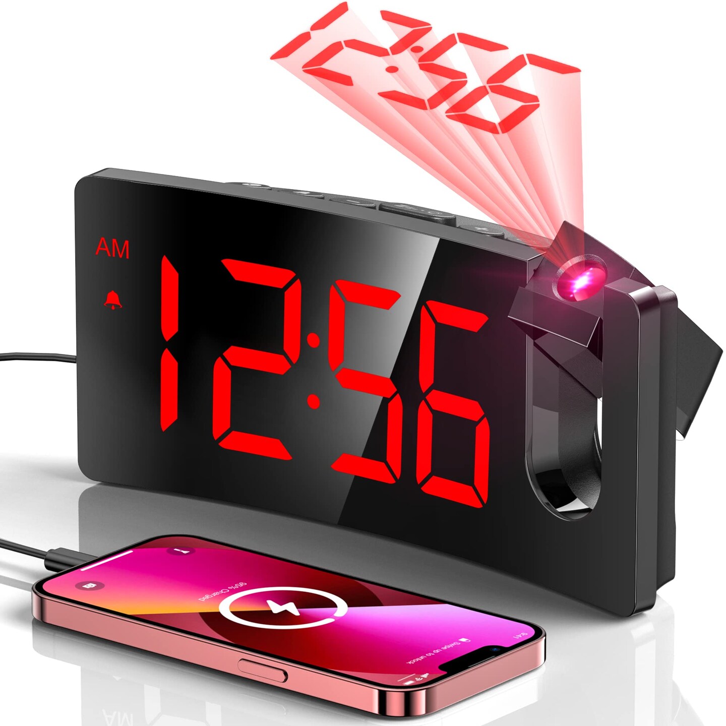 Digital Clock with 180° Rotatable Projector, 3-Level Brightness Dimmer, Clear LED Display, USB Charger, Progressive Volume, 9mins Snooze,12/24H, for Bedroom