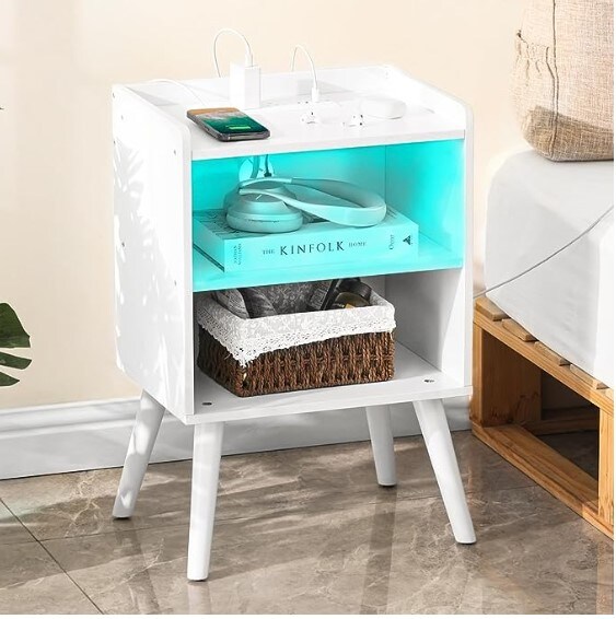 Bedside Table with LED Light for Bedroom, Mid Century Modern Nightstand with Charging Station, Small End Side Table for Living Room, White