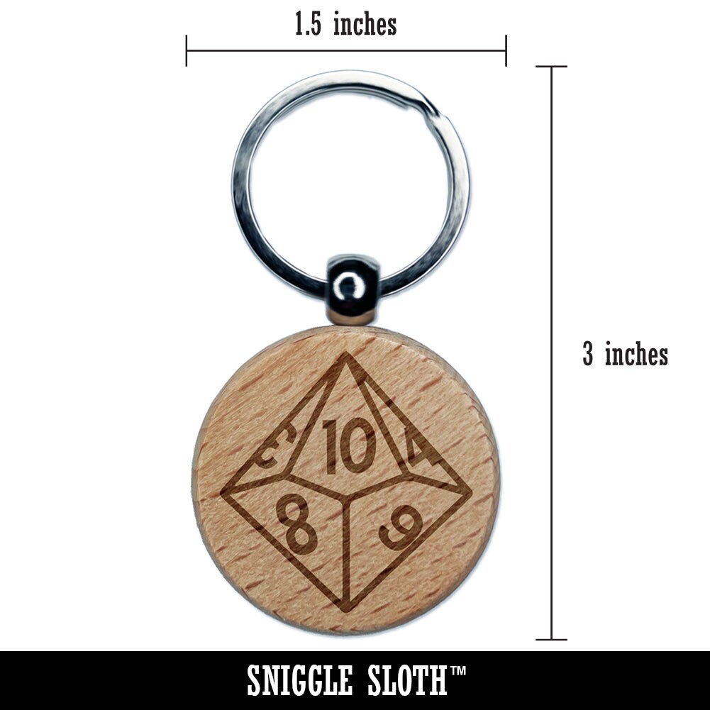 D10 10 Sided Gaming Gamer Dice Critical Role Engraved Wood Round Keychain Tag Charm