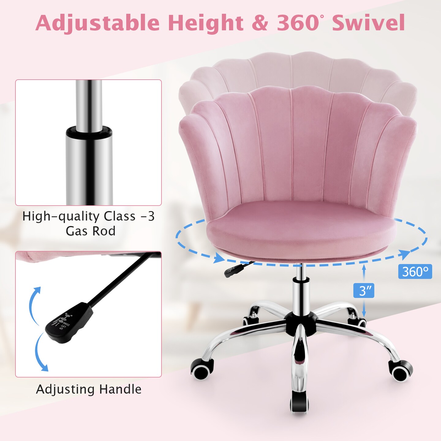 Adjustable Velvet Arm Chair with Wheels