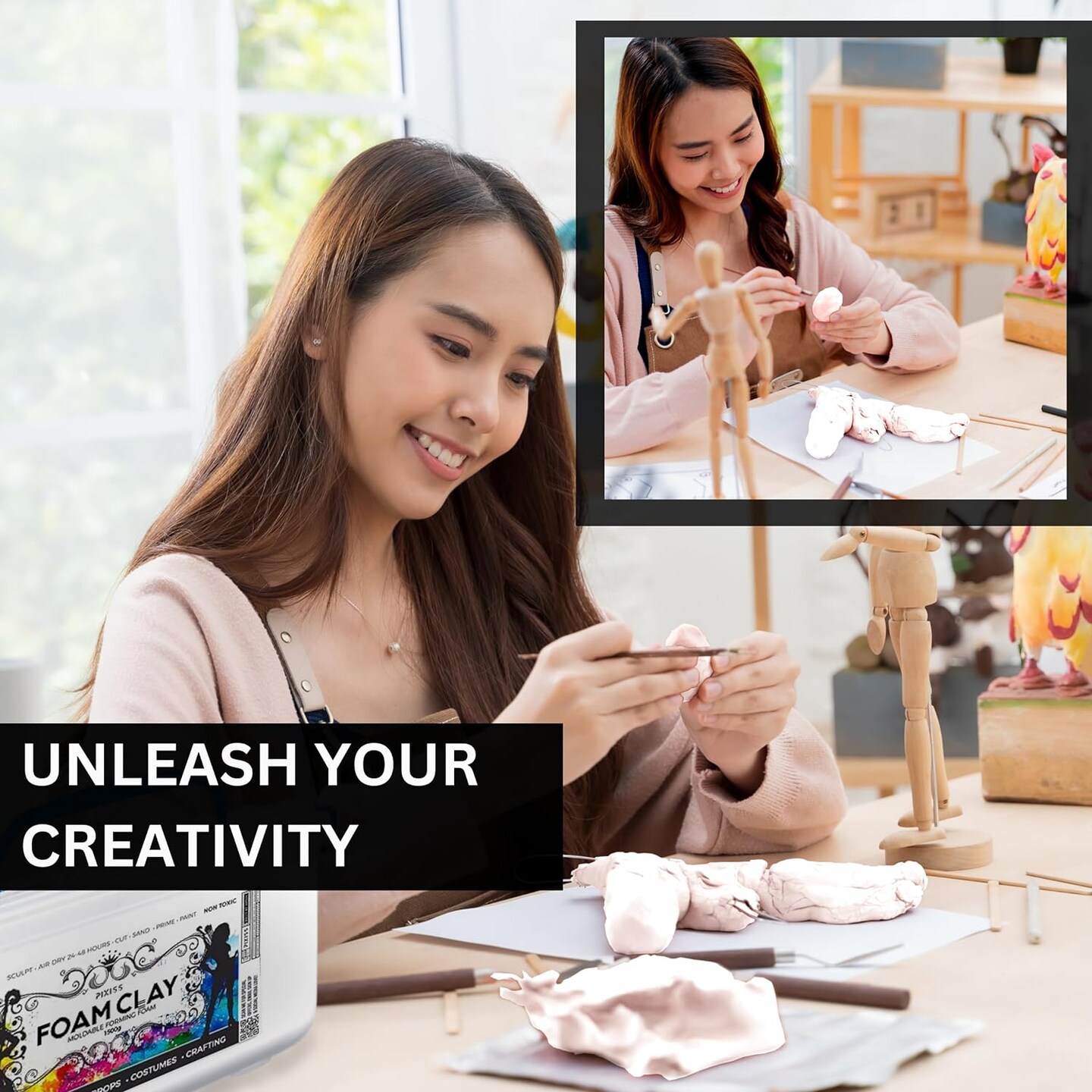 Pixiss Black and White Modeling Foam Clay - Premium Foam Air Dry Clay Cosplay Foam for Costumes, 1500 Gram Sculpting Clay for Crafts - Flexible Air Drying Clay Foam