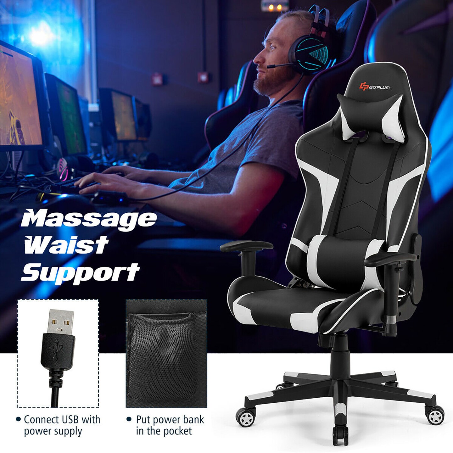 Goplus Massage Gaming Chair Reclining Swivel Racing Office Chair w/Lumbar Support