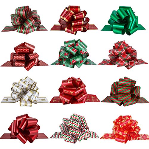 PintreeLand 12PCS Christmas Gift Bows, 5&#x201D; Xmas Wrap Pull Bows with Ribbon Wrapping Accessory for Present, Florist, Bouquet, Basket Decor, Easy to Assemble