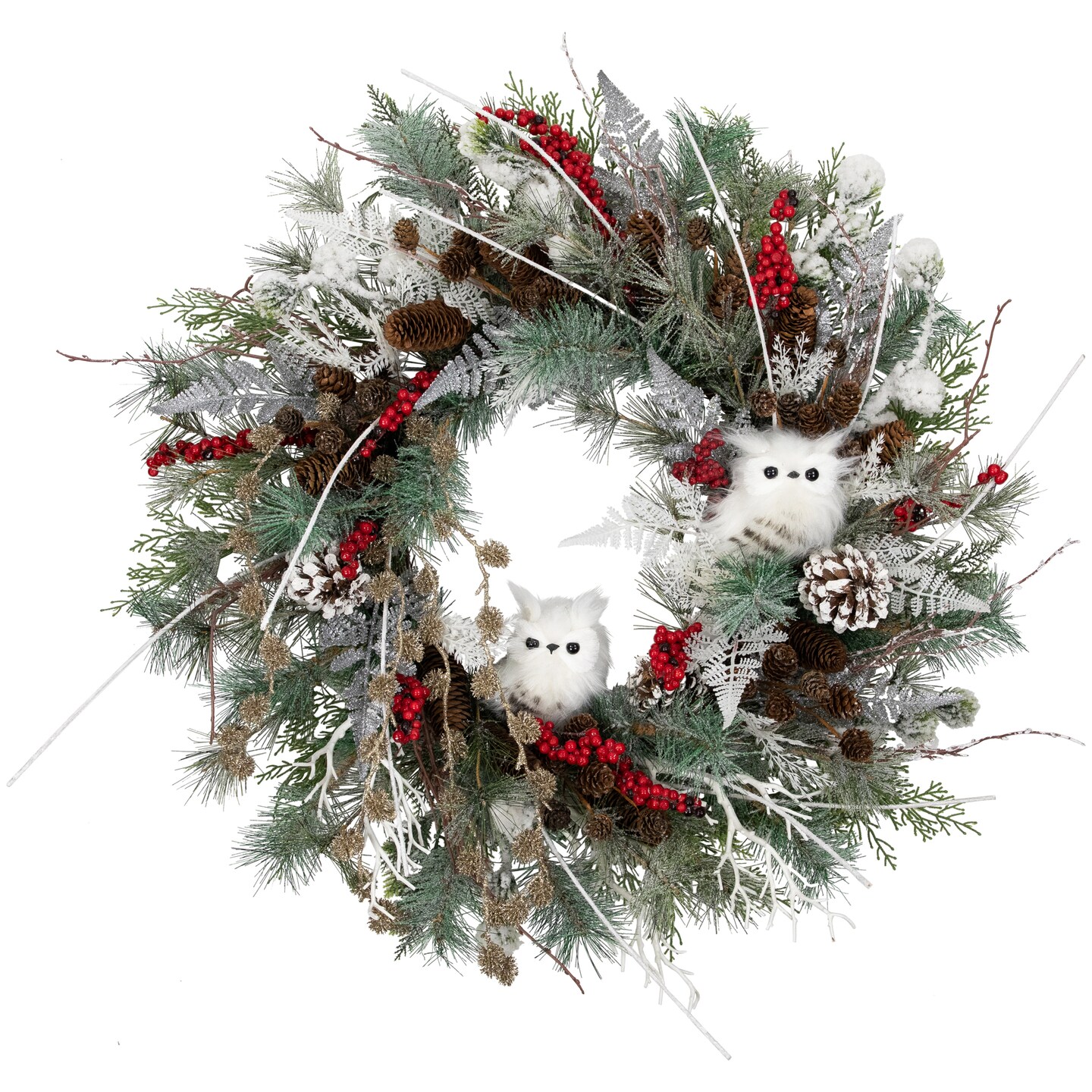 Northlight Real Touch&#x2122; Snowy Pine Owls and Berries Artificial Christmas Wreath - 34&#x22; - Unlit