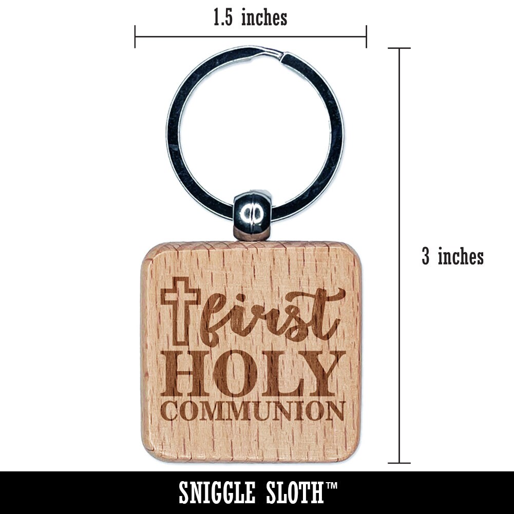 First Holy Communion with Cross Engraved Wood Square Keychain Tag Charm