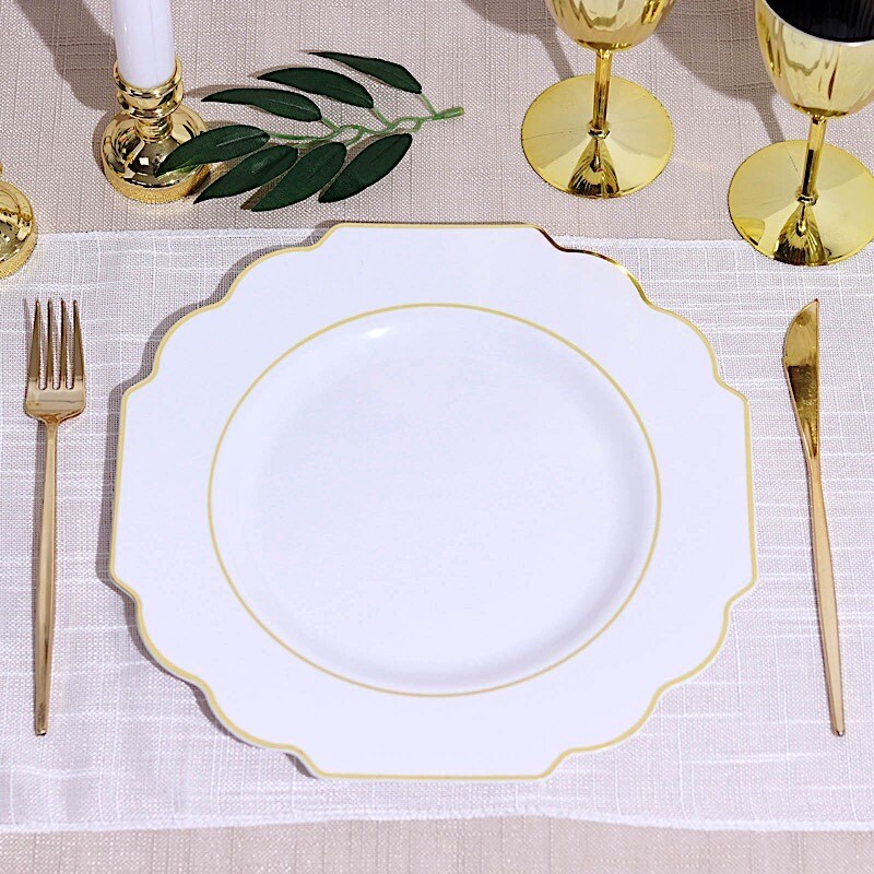 10 Pcs 12" Disposable Baroque Plastic Dinner Plates with Gold Rim