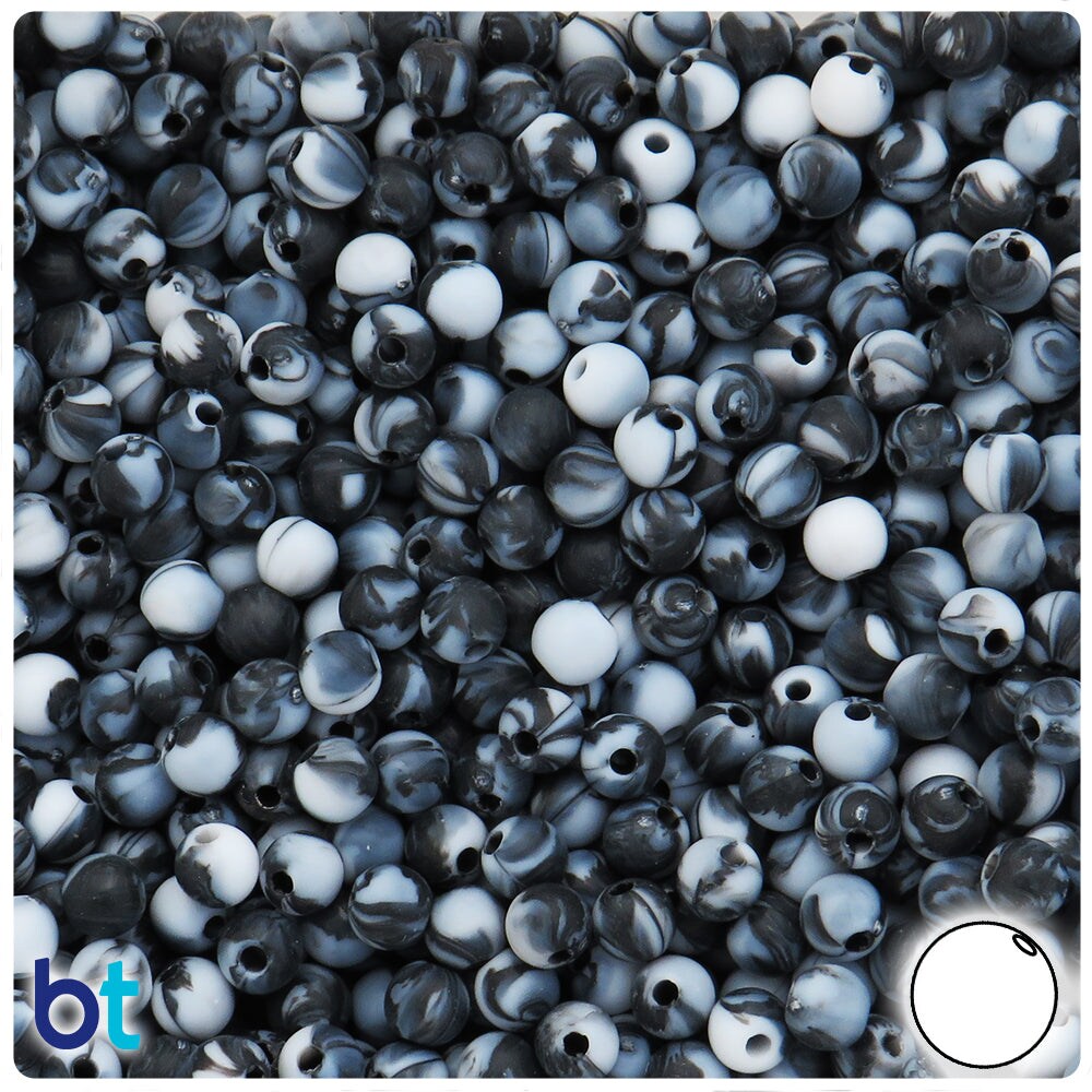 BeadTin Black Marbled 6mm Round Plastic Craft Beads (300pcs)