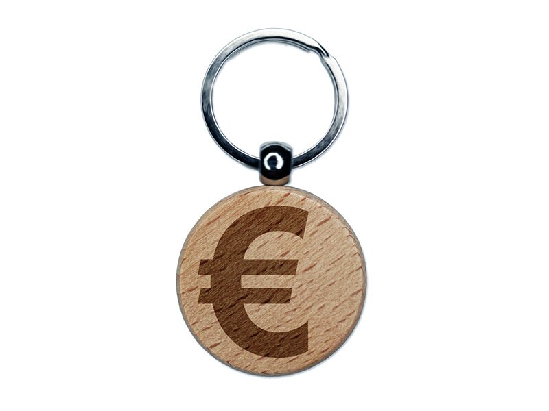 Euro Symbol Engraved Wood Round Keychain Tag Charm