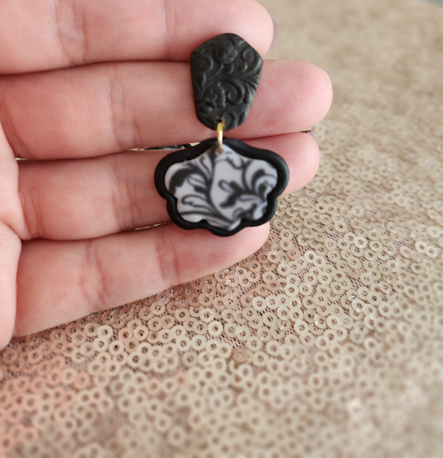 Black Lace Polymer Clay Dangle Earrings, Mourning Black Earrings