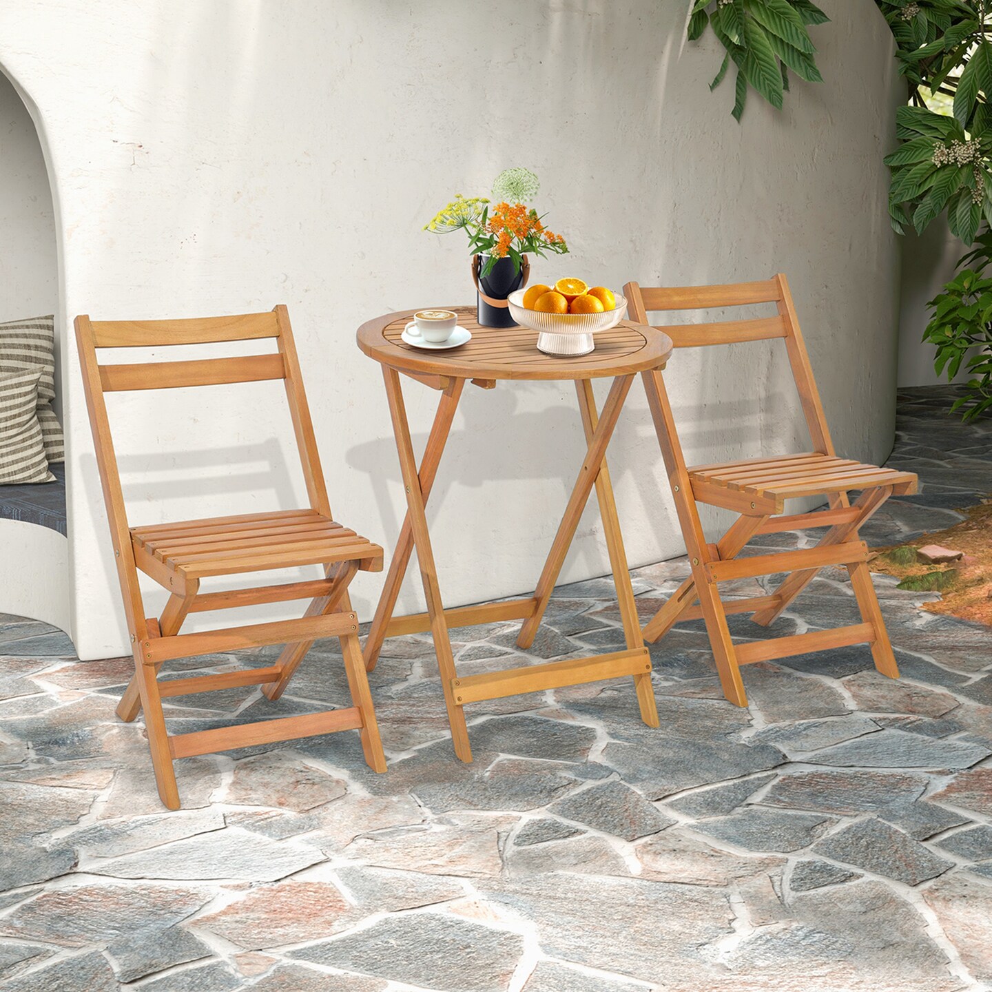 Costway 3 PCS Folding Patio Bistro Set Solid Acacia Wood Table &#x26; Chairs Slatted Tabletop