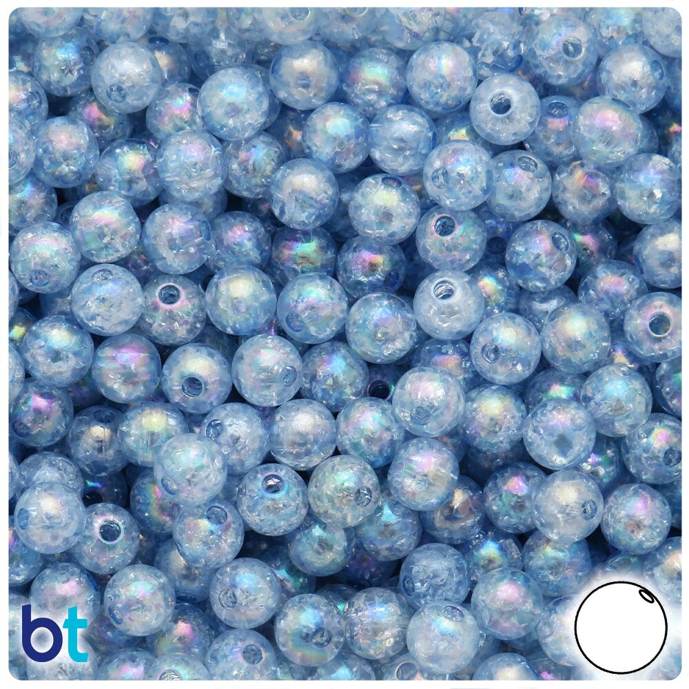 BeadTin Light Blue Transparent AB 8mm Round Plastic Craft Beads - Crackle Effect (150pcs)